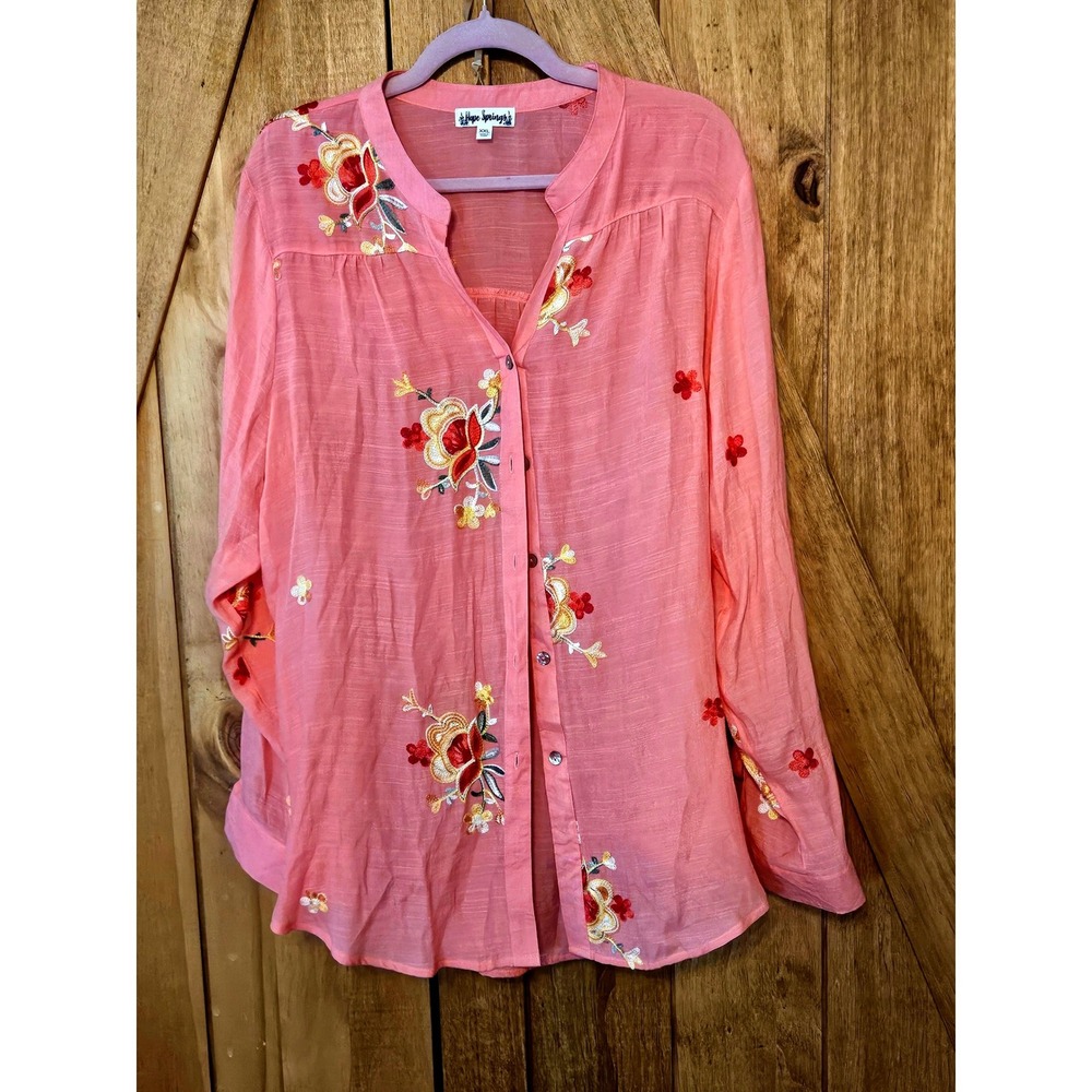 Hope Springs Button Up XXL Peach Floral Embroidered ROXTK114EI Boho Blouse #763